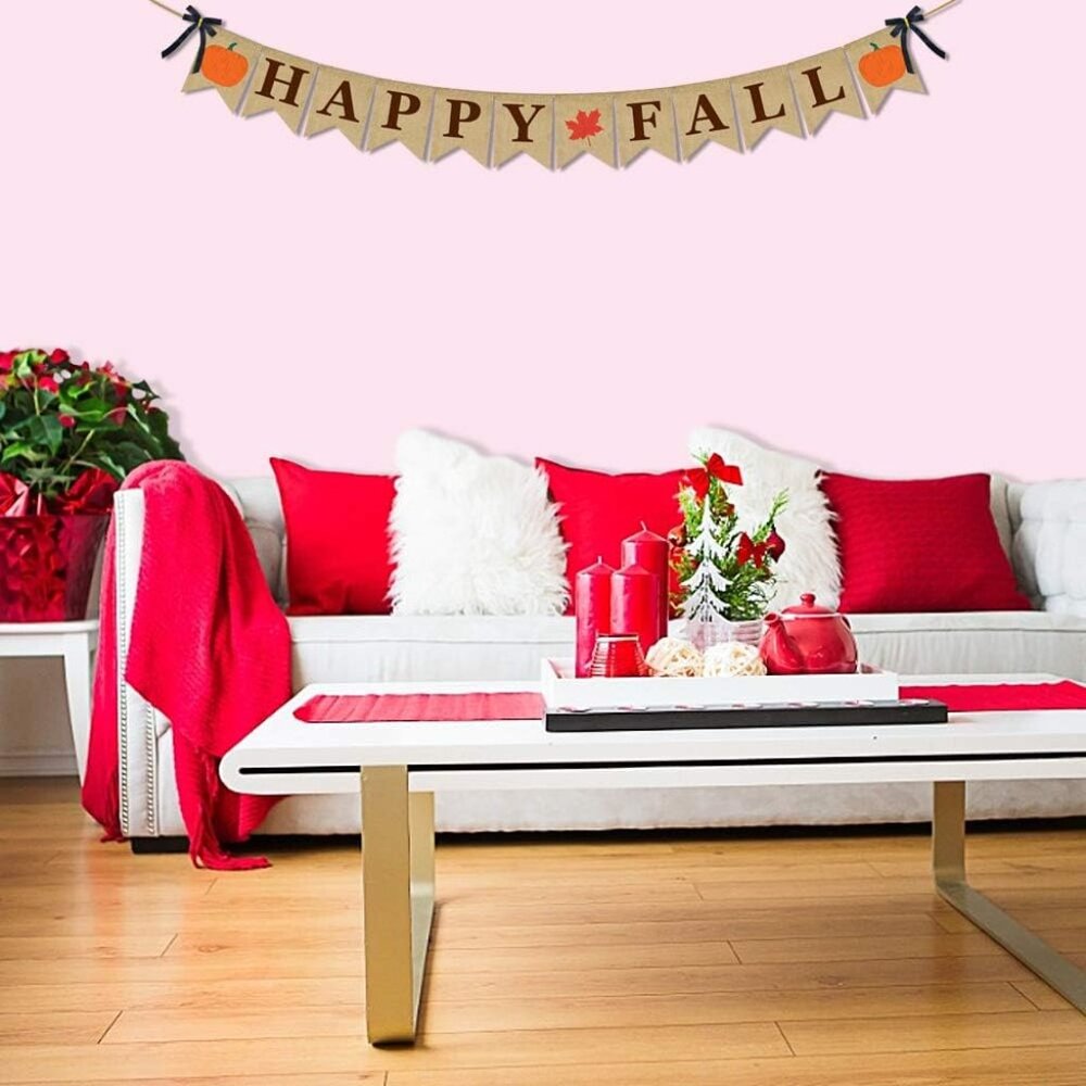 Burlap Banner Happy Fall Sign Pumpkin Flag Rustic Natural Fall Harvest Banner fo - Picture 6 of 7